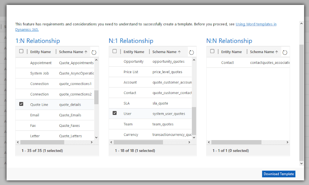 Selecting the relationship details to include in the document
