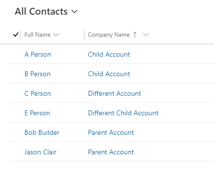 View showing the contacts with Dynamics 365