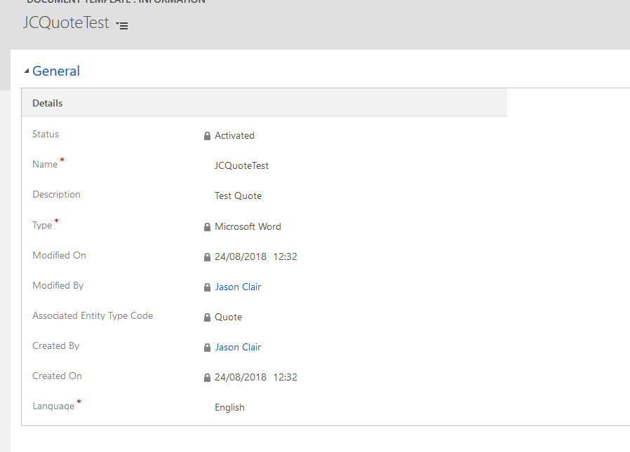 Details for the Document Template