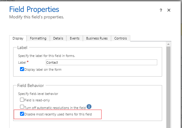 Disable most recently used items for this field is checked