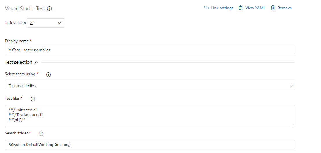 Example configuration fo the Visual Studio Test step - in my example the unit test project compiles to UnitTests.dll