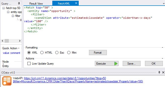Using FetchXML Builder to create the OData string